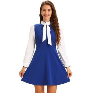 Contrast Color for Vintage Long Sleeve Tie Neck Dress Royal Blue